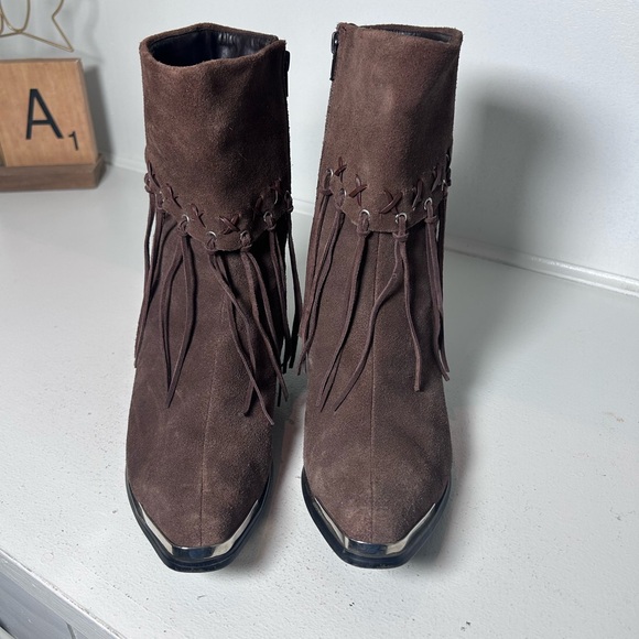 Oak Tree Farms Brown Suede Fringe Ankle Boots Women’s 8.5 Western Boho Side Zip - Picture 3 of 8